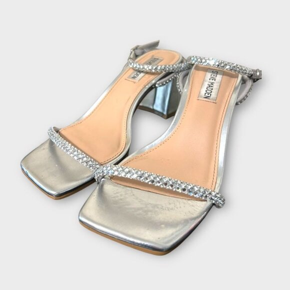 Steve Madden Hurrah Sandal Silver Crystal 6M Block Heels EUC Party Sparkle - Picture 4 of 8